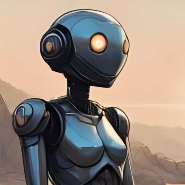 Weiblicher Roboter bei Abenddämmerung am Strand eines Meeres