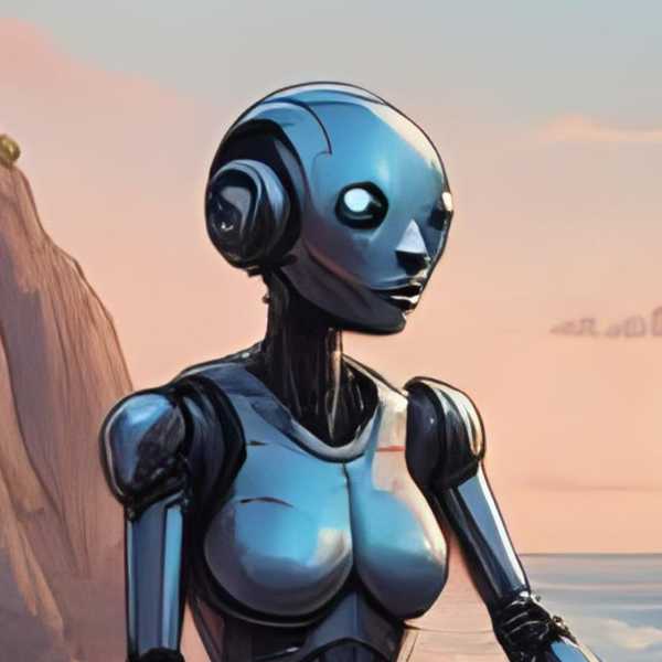 Ein Roboter genießt die abendliche Stimmung am Strand eines Meeres