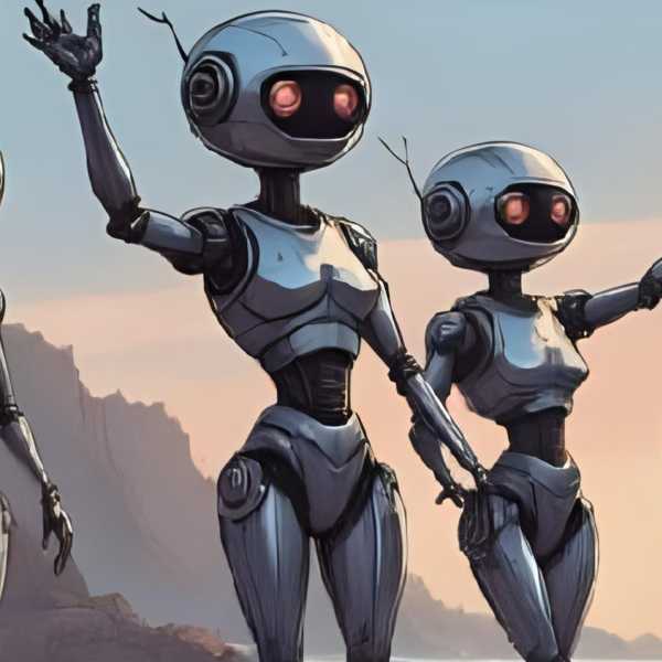Roboter Damen feiern ausgelassen am Strand