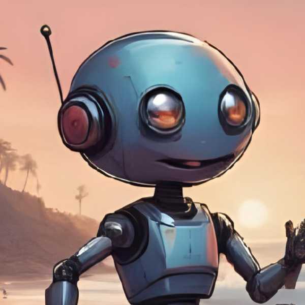 Kindliche Roboter tanzen ausgelassen am Strand