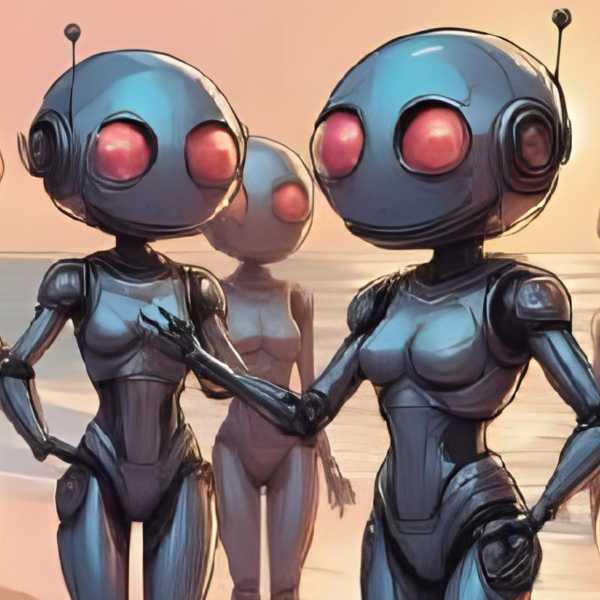 Ausgelassen tanzende weibliche Roboter abends am Strand