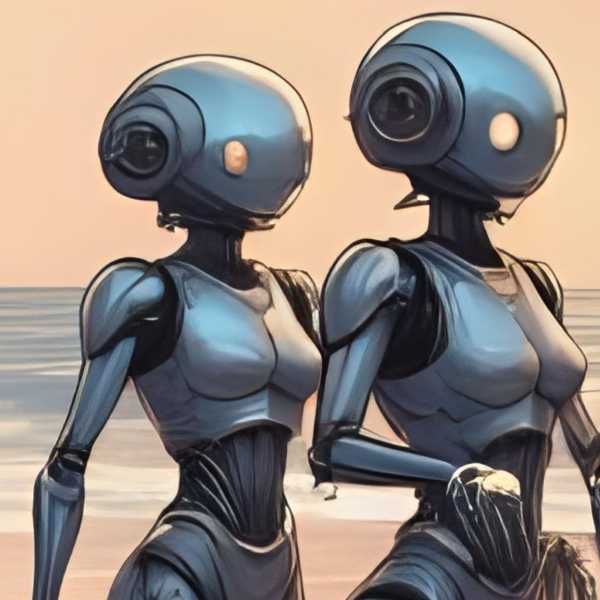 Am Abend tanzen die Roboter am Strand