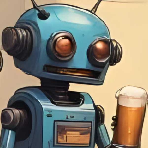 Eine Gruppe von Robotern steht am Grill und trinkt Bier