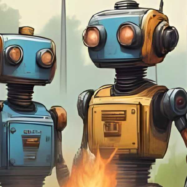 Eine Gruppe von Robotern steht am Grill und trinkt Bier