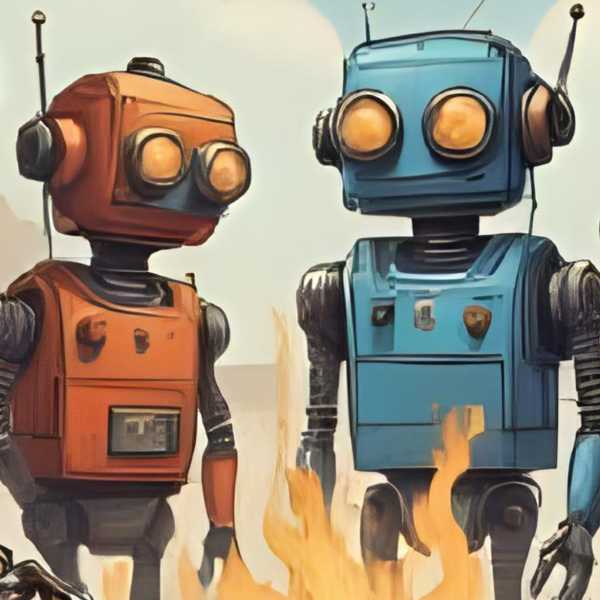 Eine Gruppe von Robotern steht am Feuer
