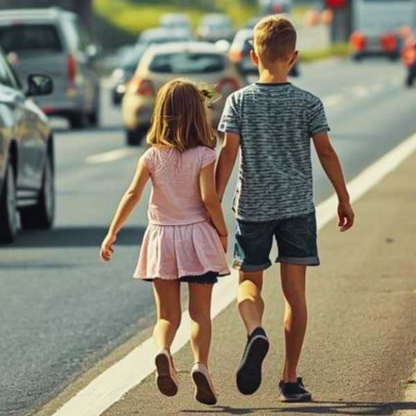 Auf der Autobahn laufen Grensel und Hete in die Freiheit