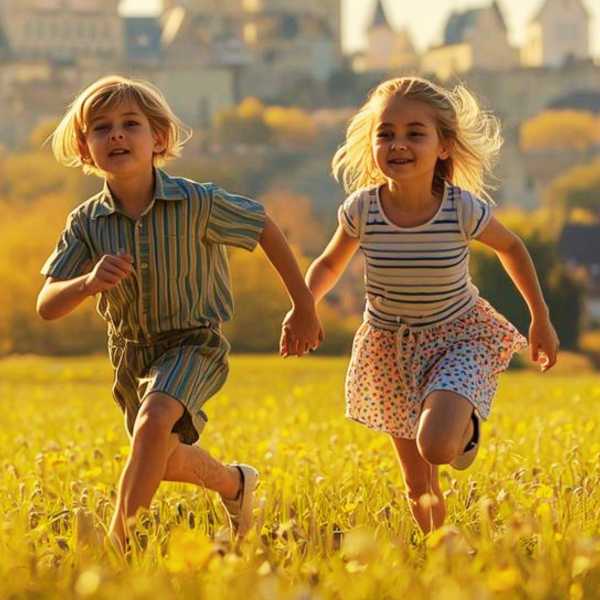 Vor der Stadt laufen Grensel und Hete im Sommer über ein Feld