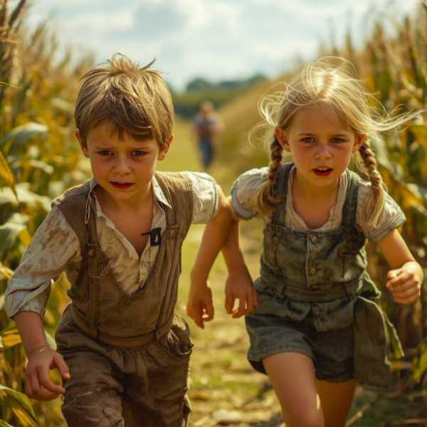 Die beiden Kinder Grensel und Hete laufen durch ein Maisfeld