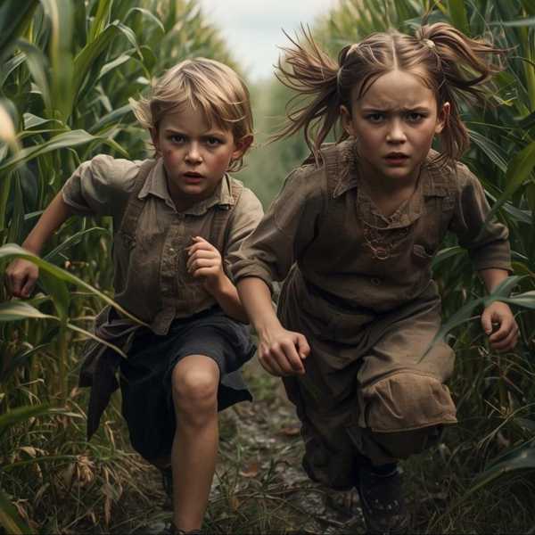 Die Kinder Grensel und Hete laufen durch ein grünes Feld mit Mais