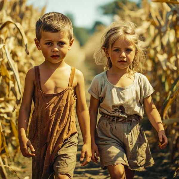 In der Sonne des Sommers gehen Grensel und Hete durch ein Maisfeld