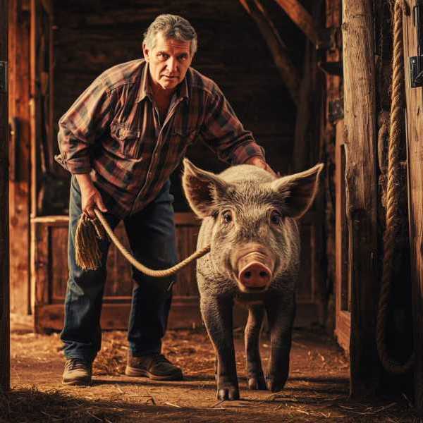 Als Grensel und Hete auf dem Bauernhof essen kommt der Bauer mit dem Schwein