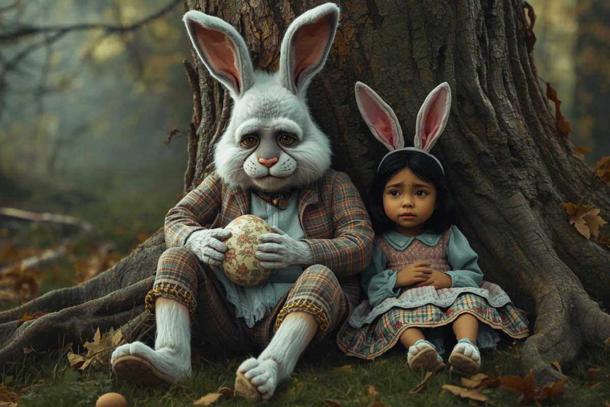 Der Osterhase und ein Kind sitzen traurig unter einem Baum