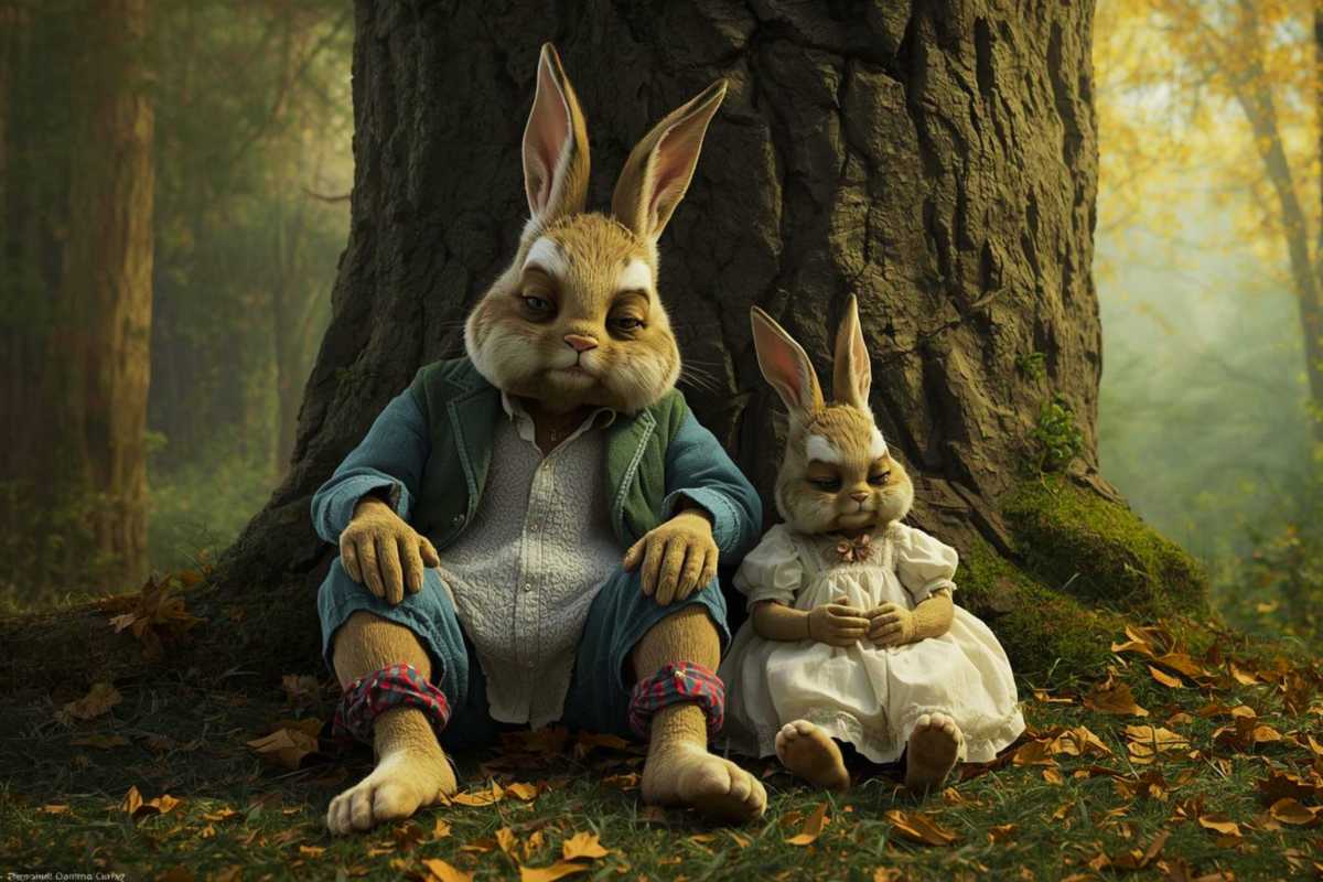 Der Osterhase und seine traurige Tochter sitzen unter einem Baum