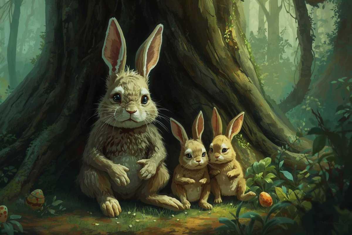 Familie Osterhase sitzt traurig unter einem Baum