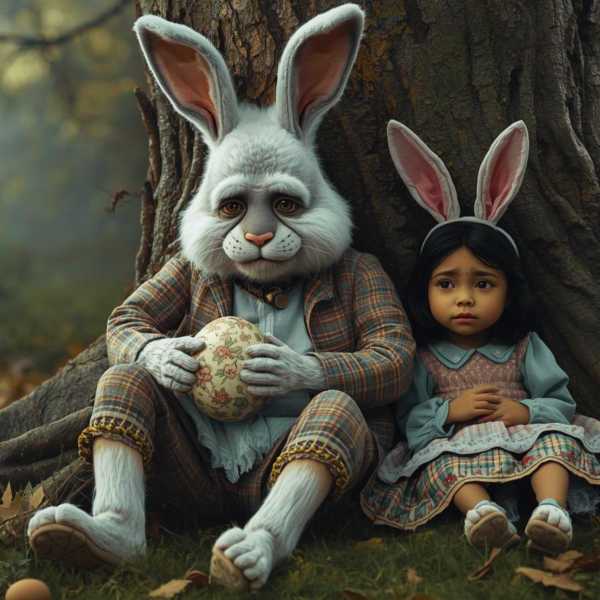 Der Osterhase und ein Kind sitzen traurig unter einem Baum