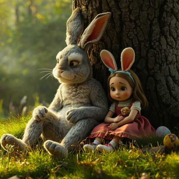 Der Osterhase sitzt mit einem traurigen Mädchen unter einem Baum