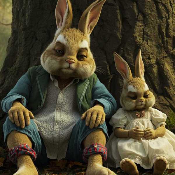 Der Osterhase und seine traurige Tochter sitzen unter einem Baum