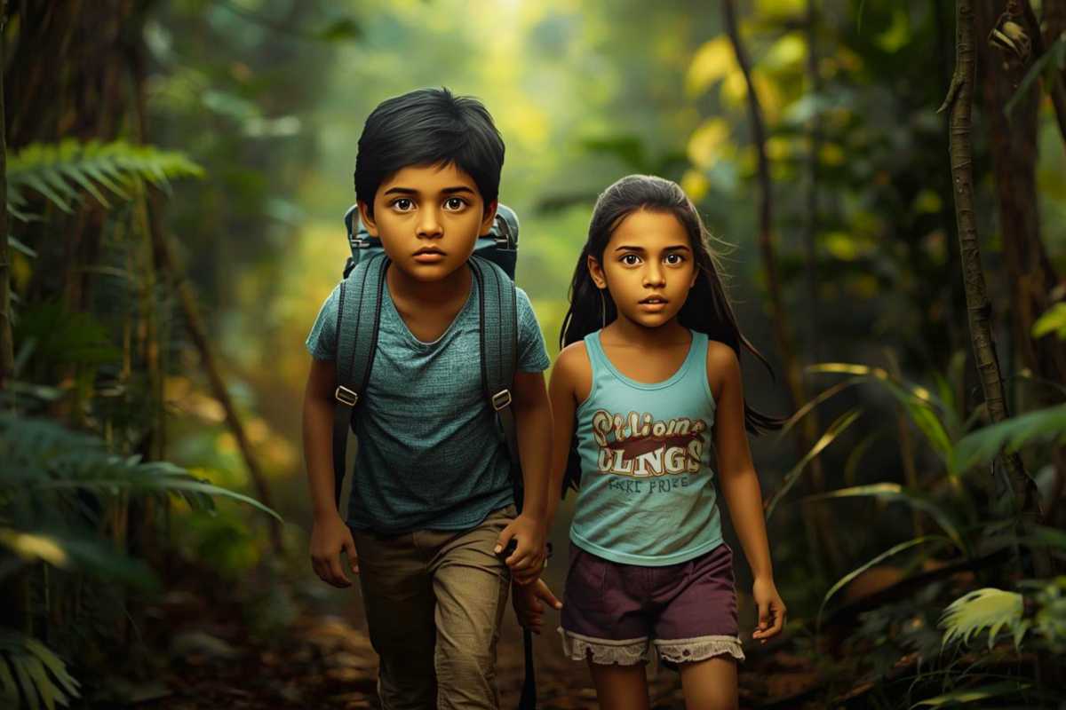 Neugierig und ängstlich gehen Grensel und Hete in den dunklen Wald