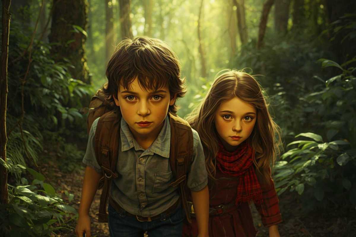 Die beiden Kinder fliehen vor einem pädophilen Fotografen in den Wald