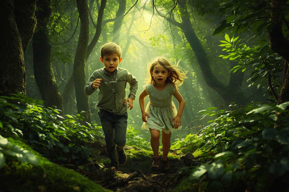 Beide Kinder laufen durch den sommerlichen Wald
