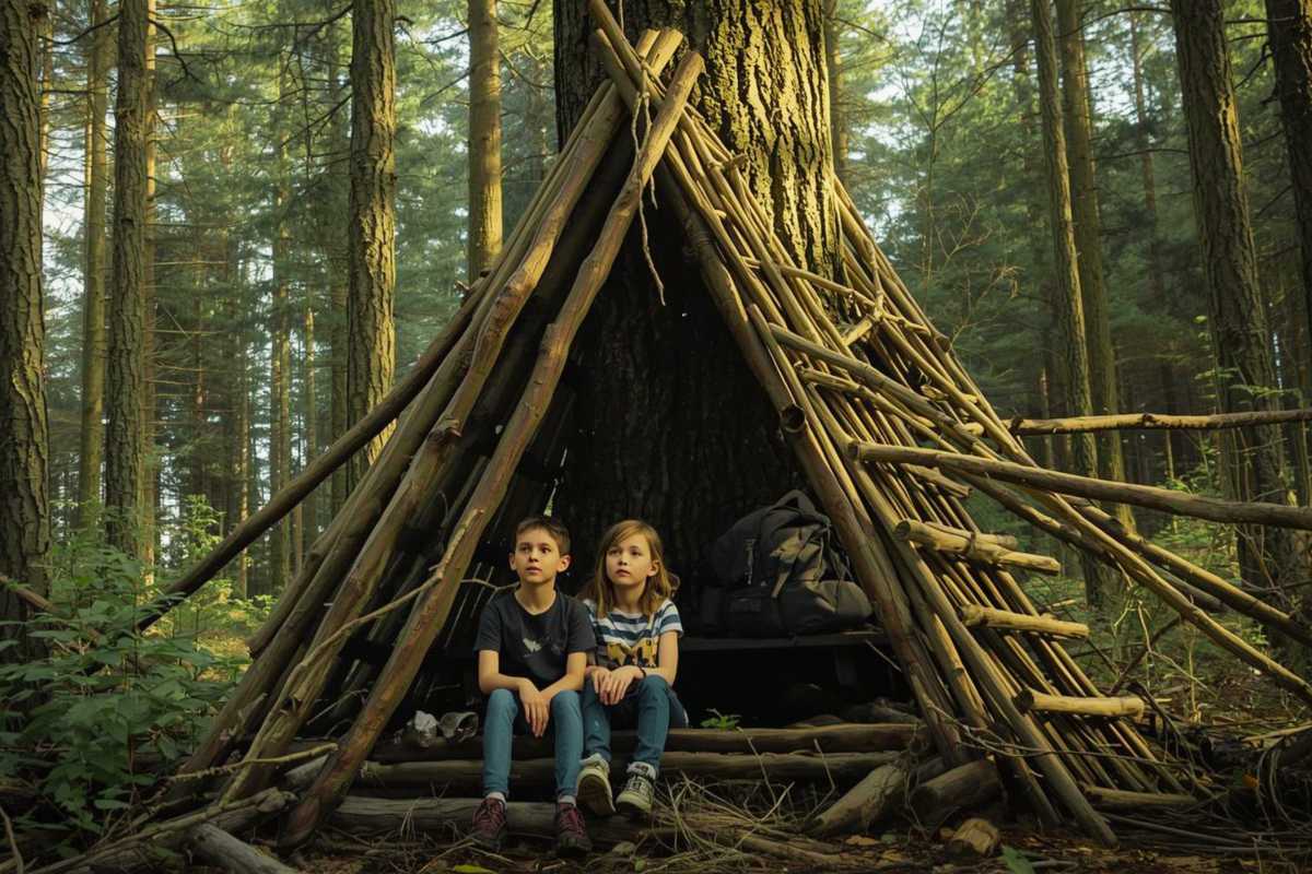 Die Kinder bauen sich ein Baumhaus im Wald