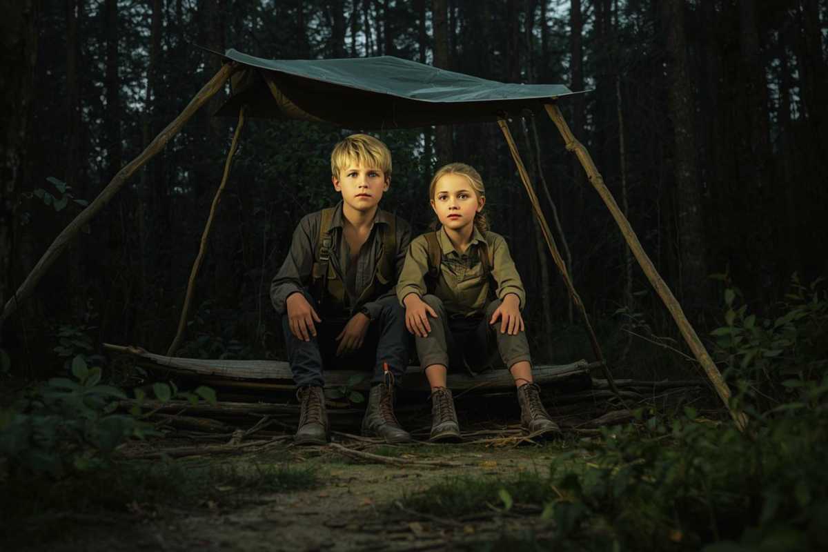 Das Baumhaus schützt Grensel und Hete vor dem Regen im Wald