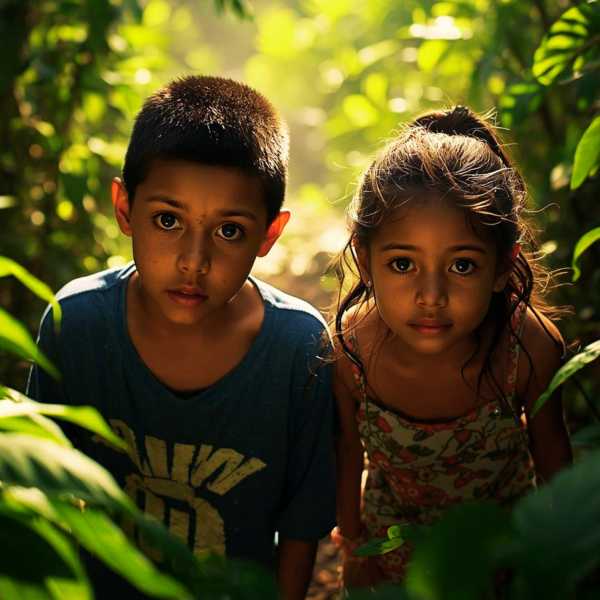 Aus dem Dickicht des Waldes schauen Grensel und Hete hervor