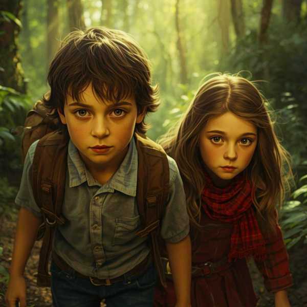 Die beiden Kinder fliehen vor einem pädophilen Fotografen in den Wald