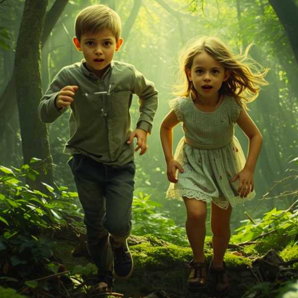 Beide Kinder laufen durch den sommerlichen Wald