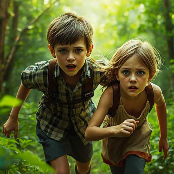 Die beiden Kinder fliehen in den Wald