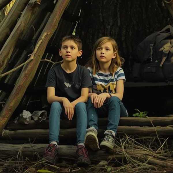 Die Kinder bauen sich ein Baumhaus im Wald