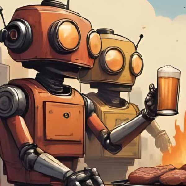 Eine Gruppe von Robotern steht am Grill und trinkt Bier